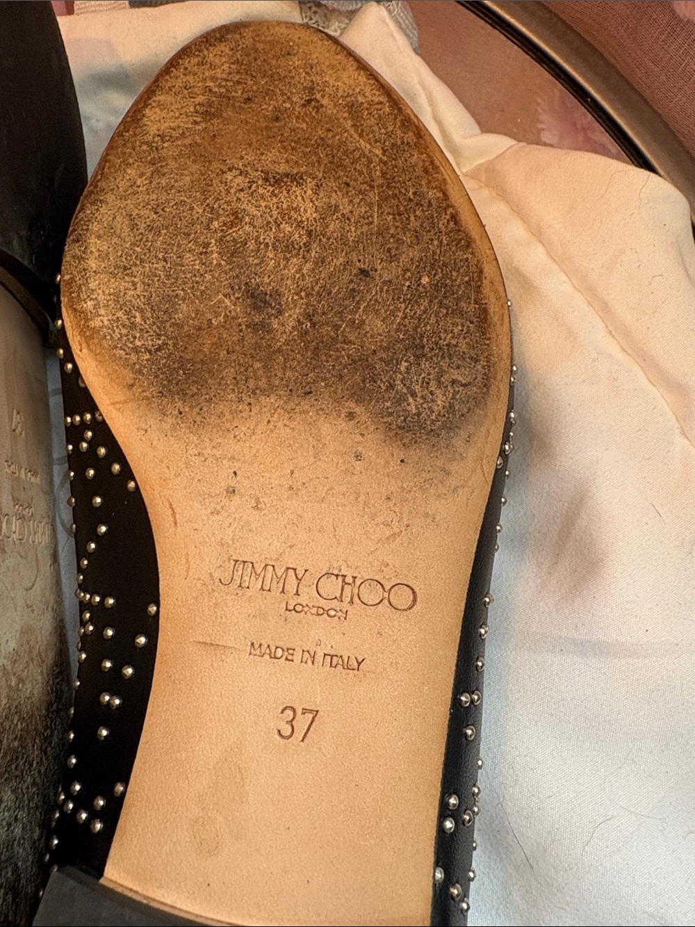 Authentic Jimmy Choo Black Leather Jessie Studded Flats - Picture 6 of 12